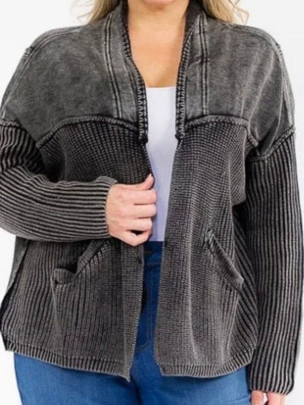 Easel Washed French Terry Cable Knit Cardigan - Charcoal/Black - Size Medium